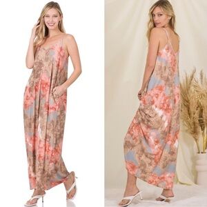 Tie Dye V-Neck Side Pocket Spaghetti Strap Maxi Dress - Peach & Blue